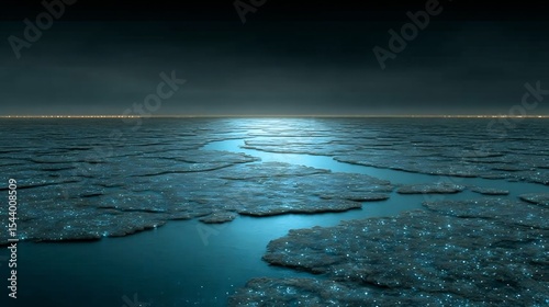 Arctic waters glowing bioluminescent copepods beneath ice sheets soft glow visible through cracks in frozen surface ultra realistic low light scene