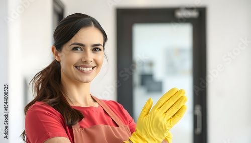 A cheerful female housekeeper in gloves, ready to tidy the office workspace., detailed. isolated with white highlights