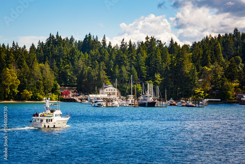 Marina and moored boats on Eagle Harbor in Winslow, Bainbridge Island, Washin...