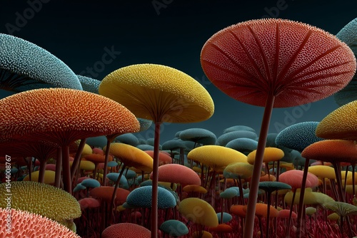 Alien jungle filled bioluminescent flora and glowing mushrooms oversized exotic plants in neon colors surreal extraterrestrial environment