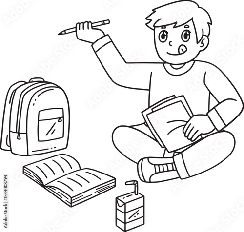 School Yard Boy Studying on the Grass Isolated 