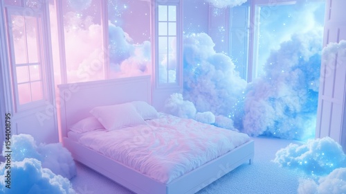 Pastel bedroom with cloudscape.
