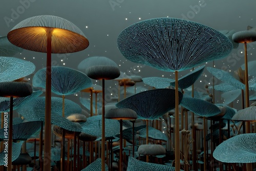 Alien jungle filled bioluminescent flora and glowing mushrooms oversized exotic plants in neon colors surreal extraterrestrial environment
