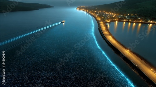Aerial view of tropical bay night showing glowing bioluminescent plankton in the water boats leaving luminous trails behind them