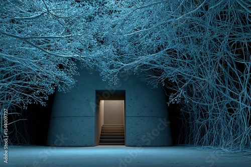 Abstract cave temple lit bioluminescent vines spiritual ambiance with glowing roots and sacred natural energy