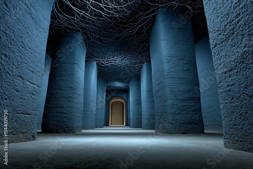 Abstract cave temple lit bioluminescent vines spiritual ambiance with glowing roots and sacred natural energy