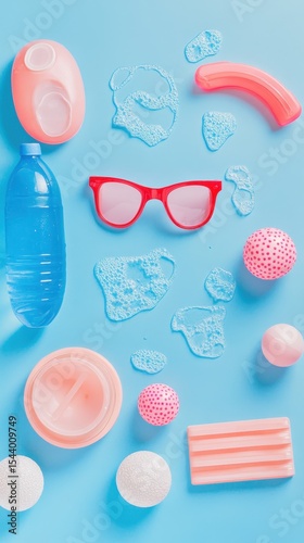 Colorful Plastic Beach Accessories for Summer Fun - Flat Lay with Sunglasses & Water Toys on Blue Background