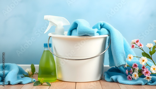 Vibrant blue cleaning cloths, a sturdy bucket, and a spray bottle for refreshing spring tidying, dreamy atmosphere. isolated with white highlights