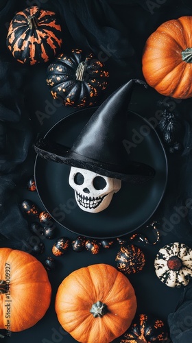 Halloween Skull Pumpkins Black Hat Festive Decor Flat Lay