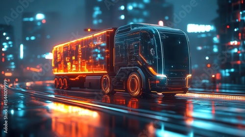Autonomous delivery truck on smart highway, hightech cityscape, glowing holographic elements, sharp detail