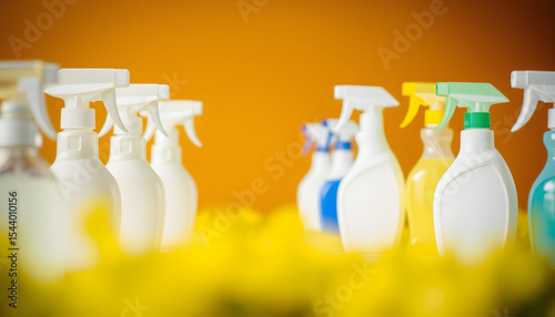 Fresh cleaning sprays in sleek white bottles against a vibrant yellow backdrop, blurry foreground. isolated with white highlights