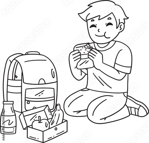 School Yard Boy Eating Lunch Outdoors Isolated 