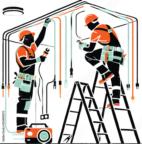 Electricians working with wires and electrical connections inside a building for construction or repair