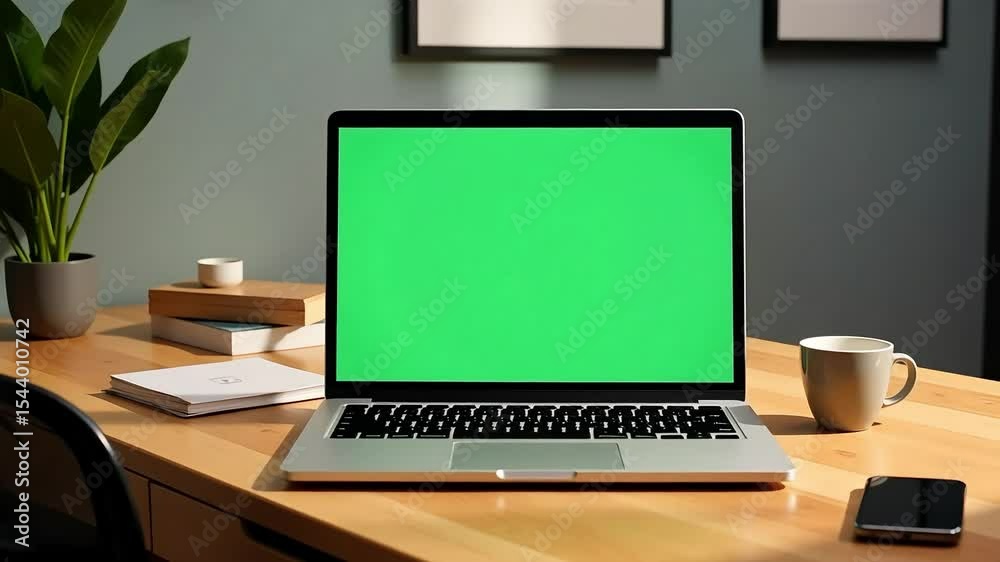 custom made wallpaper toronto digitalLaptop with green screen on wooden desk with plant, mug, and phone in a home office setting