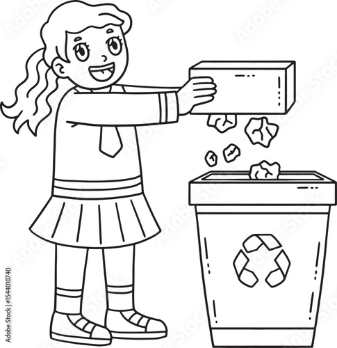 School Yard Girl Dumping Trash Isolated Coloring 