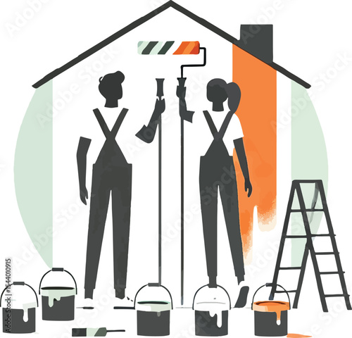 Illustration of two people painting a house interior home renovation and improvement