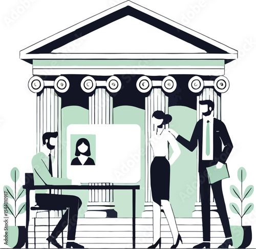 Illustration of a job interview taking place in a government building with applicants