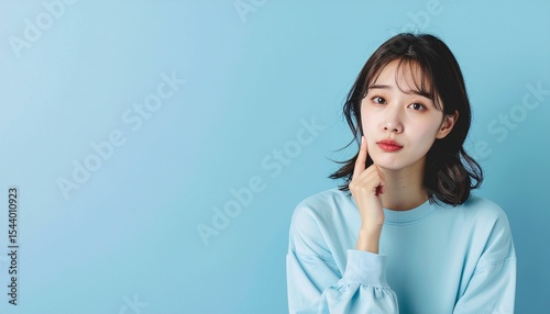 Young woman thinking with finger on cheek against light blue background

