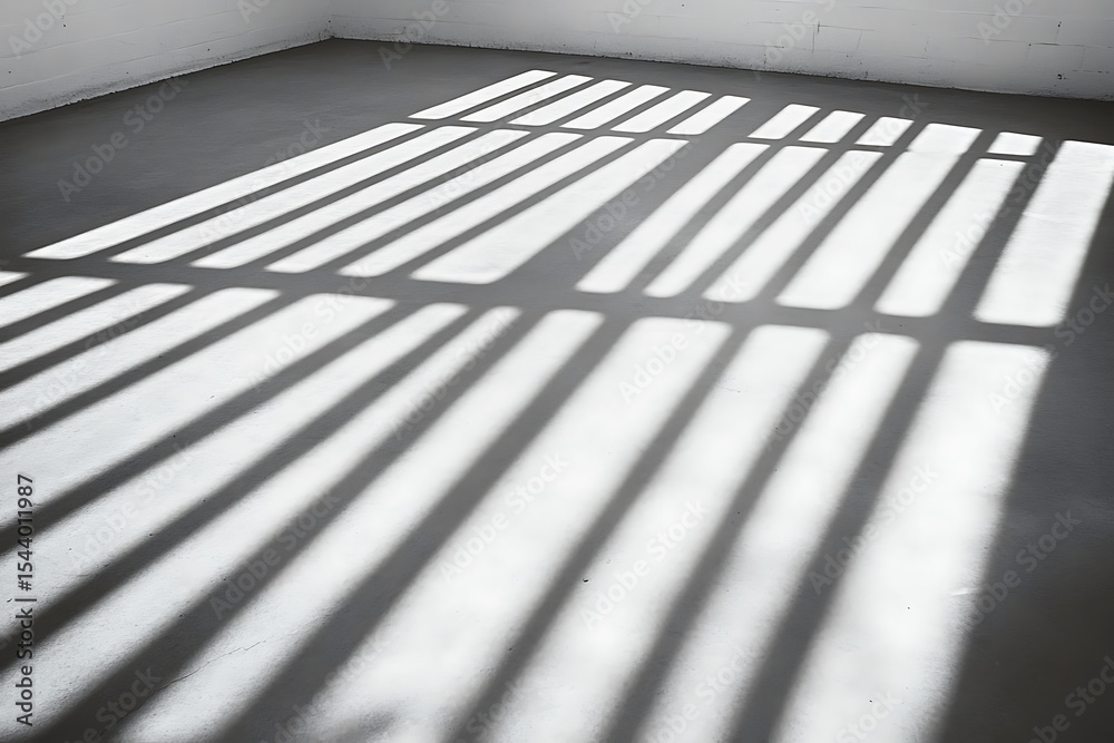 Naklejka premium Shadows on Floor: Sunlight streams through a window, casting contrasting lines across the grey floor. Geometric patterns and chiaroscuro. Light and shadow play.