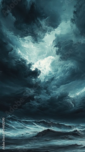 Moody Seascape Painting: Dark Stormy Sky and Turbulent Ocean Waves with Dramatic Clouds