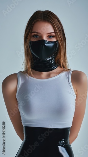 Fashion Model Portrait: Stylish Attire & Black Mask in Modern Aesthetic Studio Shot