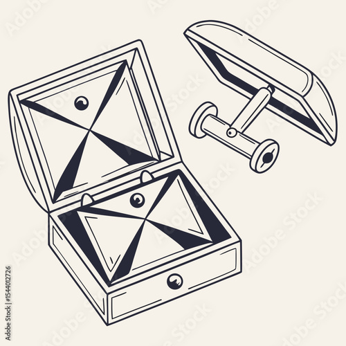 Minimalistic vector illustration of open jewelry box with mirror and cufflinks