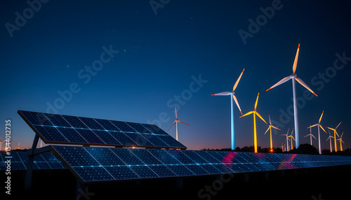 solar panels and wind turbines glowing under the moonlight, glowing neon. isolated with white highlights