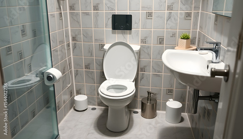 freshly sanitized toilet in the sparkling restroom, magazine photoshoot. isolated with white highlights