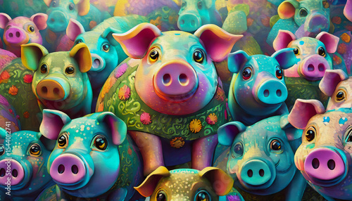 oil painting style illustration pattern of multicolored pigs heads