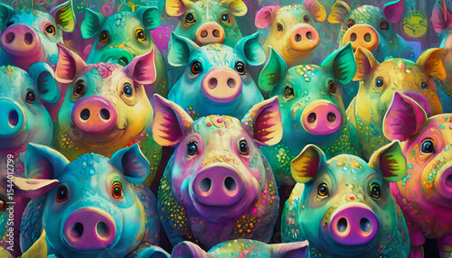 oil painting style illustration pattern of multicolored pigs heads
