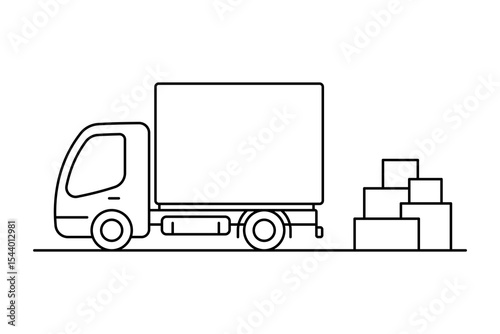 Truck and boxes icon. Black outline linear silhouette. Editable strokes. Side view. Vector simple flat graphic illustration. Isolated object on white background. Isolate.
