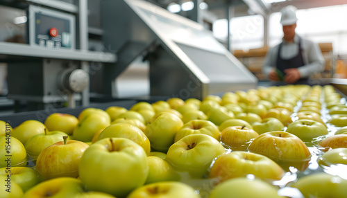 Efficient apple processing with advanced washing, sorting, and distribution technology. Crisp green apples freshly cleaned and dried under bright lights. Workers handling quality control in the back