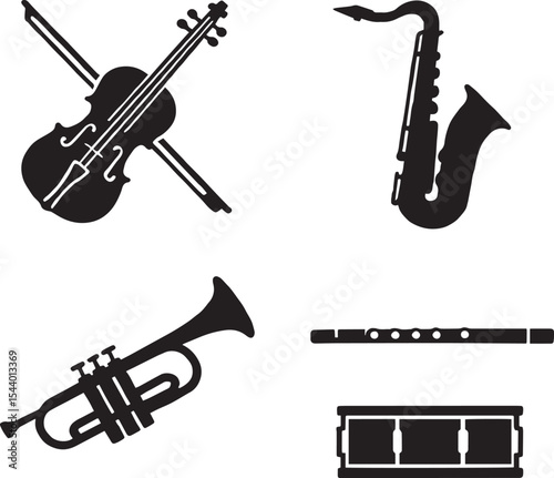 Vector Set of Musical Instruments – Violin with Bow, Saxophone, Trumpet, and Flute Isolated on White Background, Expressive Performance Poses, Simple Black Line Vectors on White

