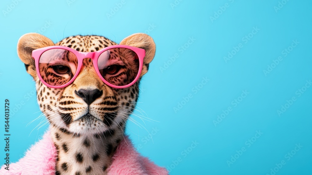 Fototapeta premium A fashionable leopard dons vibrant pink sunglasses against a bright blue backdrop, merging the worlds of style and wildlife in a fun and playful manner.