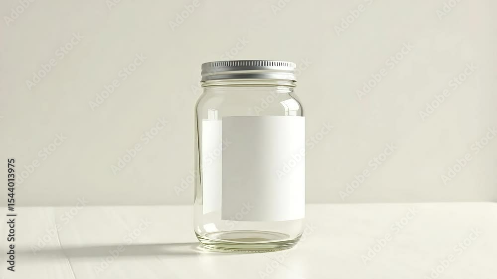A clear glass jar with a silver lid and a blank white label on a white surface against a white backdrop A clear glass jar with a silver lid and a blank white label on a white surface against a white backdrop