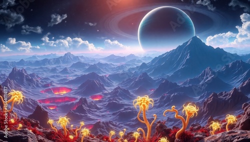 Exoplanet landscape with glowing flora, volcanic vents, and a ringed gas giant