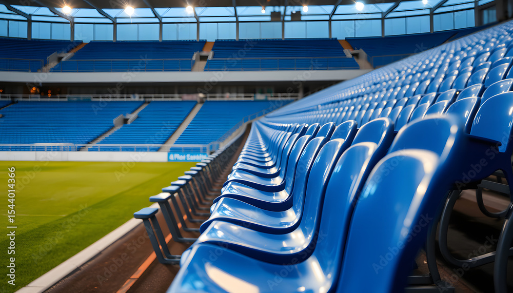 Obraz premium Lonely cobalt plastic seats lined up in the stadium stands, studio lighting. isolated with white highlights