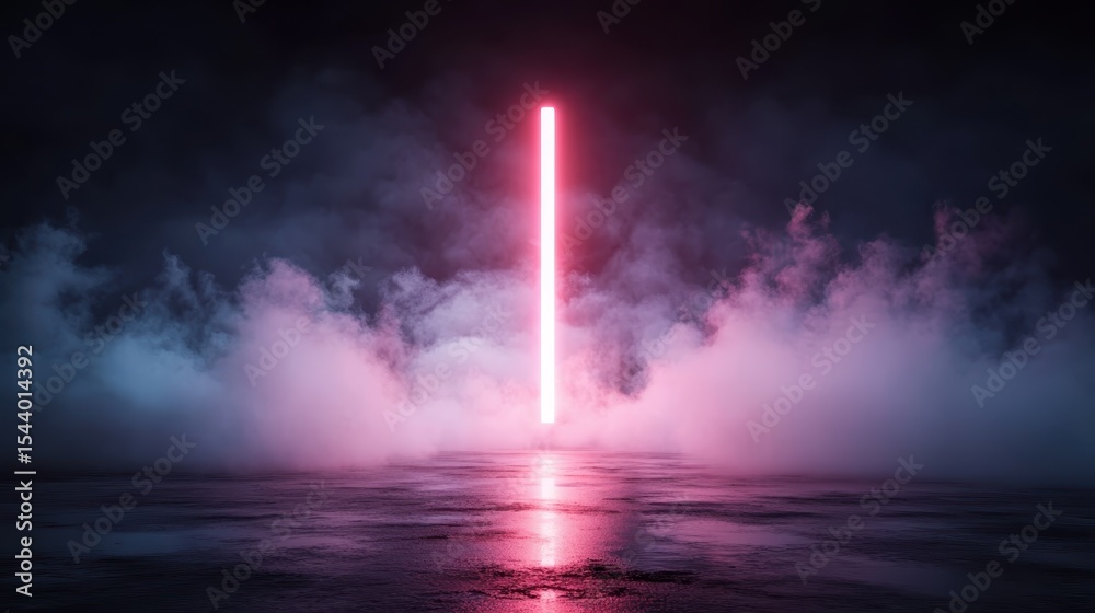 Obraz premium A neon pink vertical beam stands tall amidst foggy clouds, creating a mystifying atmosphere that evokes feelings of wonder and intrigue in a futuristic setting.