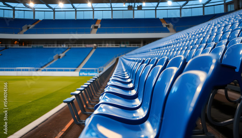 Lonely cobalt plastic seats lined up in the stadium stands, studio lighting. isolated with white highlights