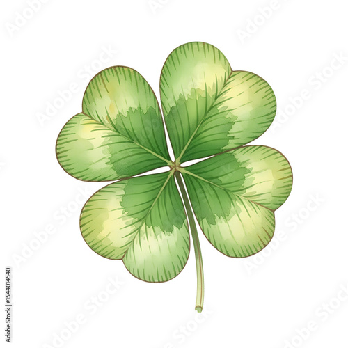 A watercolor illustration of a lucky four leaf clover against a solid white background perfect for designs, PNG.