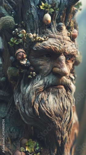 Tree Spirit Fantasy Sculpture: Intricate Wooden Face with Nature Elements