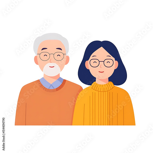Heartwarming illustration of a senior couple smiling, showcasing their bond and affection. A simple, cheerful depiction of companionship and lasting love.