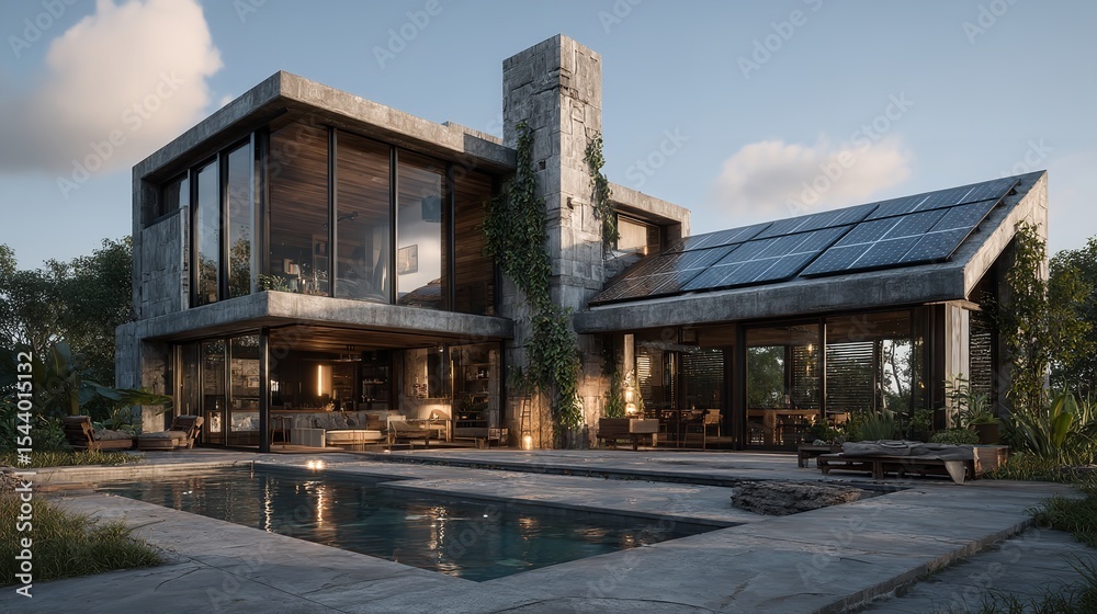 Obraz premium Beautiful Modern House with Solar Panels – Clear Sky and Eco-Friendly Design