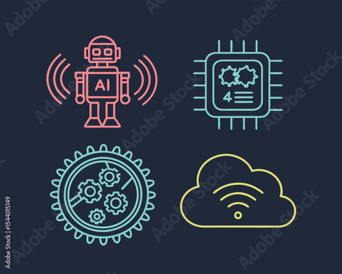 AI Technology Icons Set Robot, Microchip, Gears, Cloud Computing