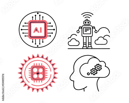 Artificial Intelligence Icons Set AI Chip, Robot, Cloud Computing, and Human Brain