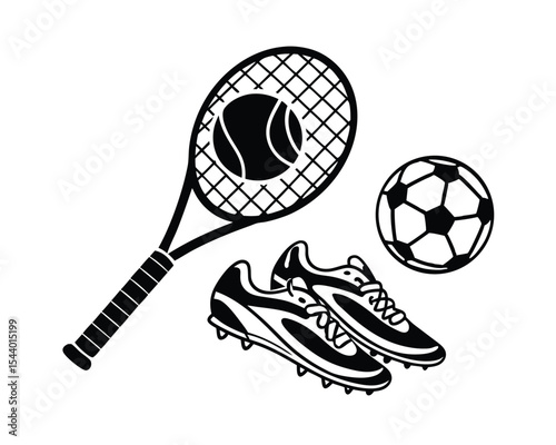 Tennis Racket Soccer Ball and Cleats Sports Equipment Illustration