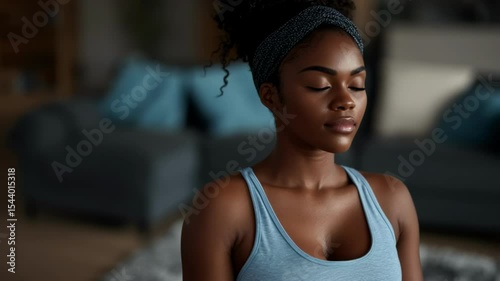 Young black woman meditating at home