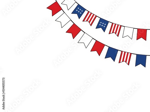 Simple flat design of bunting flags in red, white, and blue gently curved across top right corner, rest of the image left empty — minimal Independence Day decor, isolated