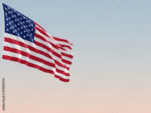 A waving American flag visible from the left, soft pastel sky background, empty space on the right — minimalistic patriotic design