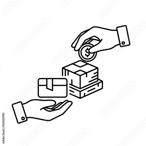 Blockchain technology icon depicting hands exchanging money and packages
